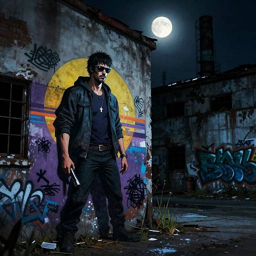 Moonlit Cyberpunk Graffiti Warehouse Scene