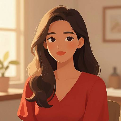Digital illustration of a beautiful Asian woman with long black hair, wearing a red V-neck top, smiling softly in a sunlit room.
