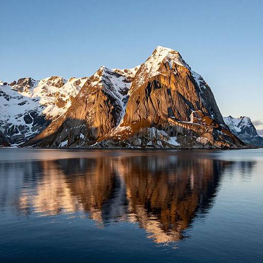 Photograph of snow-capped mountains bathed in golden sunlight, reflected in still, mirror-like water under a clear blue sky.