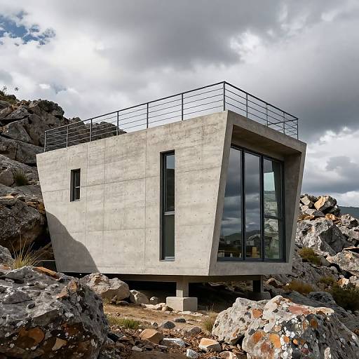 Photograph of a modern, concrete, rectangular house with large glass windows, elevated on rocky terrain, under a cloudy sky.