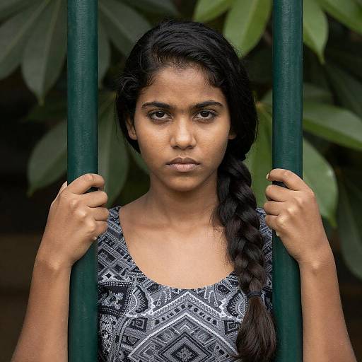 Intense Young Woman Among Green Leaves