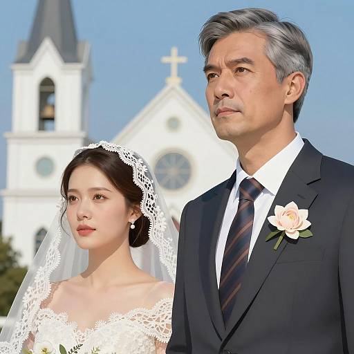 Asian Couple in Wedding Attire by Church