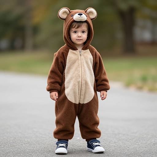 Photograph of a young boy in a brown teddy bear onesie with a beige chest, bear ears, and black shoes, standing on a suburban