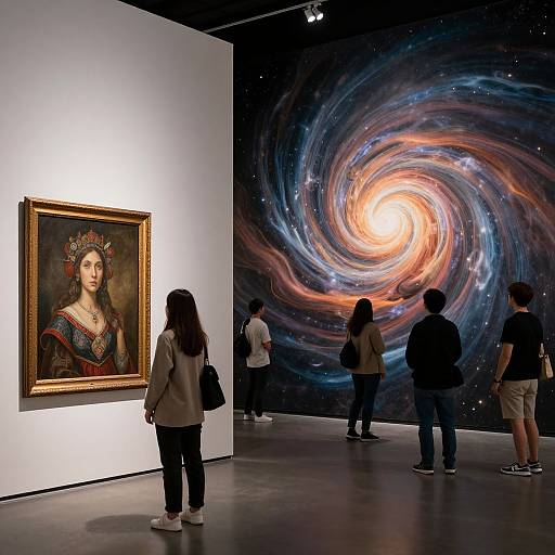 Photograph of art gallery: Painting of regal woman in ornate dress on white wall, beside vibrant galaxy mural; five visitors observing.
