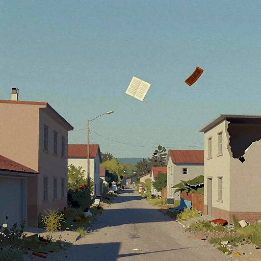 Photograph of a sunlit, narrow street with two-story buildings, clear blue sky, and a yellow paper flying high, with a brown piece of