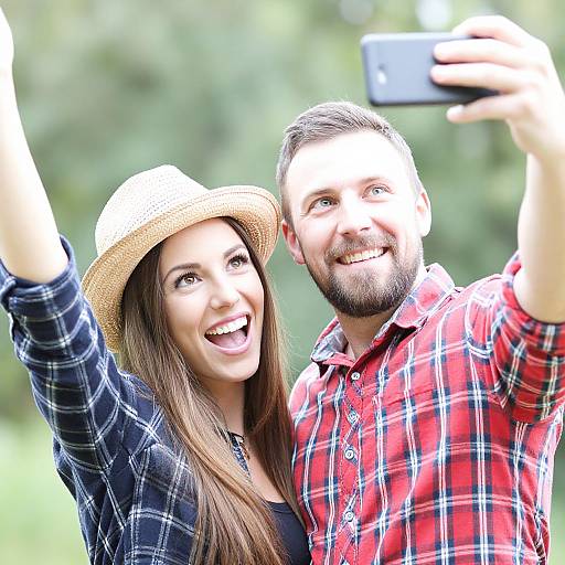Photograph of a smiling couple taking a selfie outdoors; woman in straw hat, dark shirt; man in red plaid shirt, both raising arms.