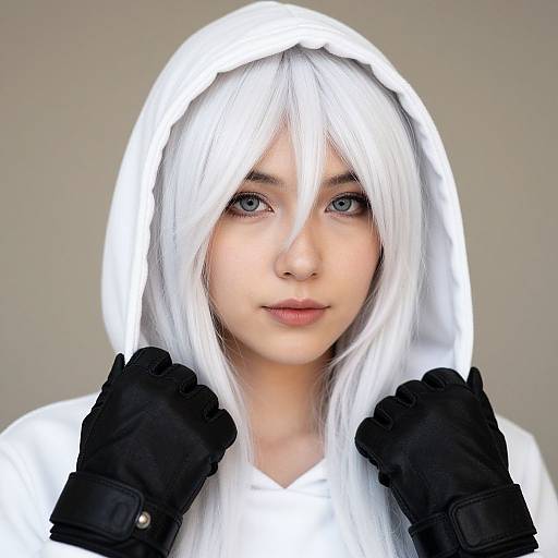 Digital portrait of a young woman with white hair, blue eyes, wearing a white hooded cloak and black gloves, against a neutral background.