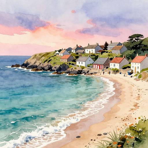 Serene Coastal Village Watercolor Scene