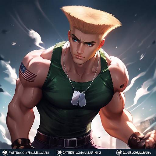 Illustration of Guile, street fighter in the style of Luminyu