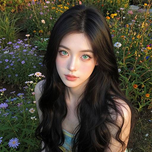 Photograph of a young woman with long black hair, green eyes, and fair skin, surrounded by colorful wildflowers in a sunlit garden.