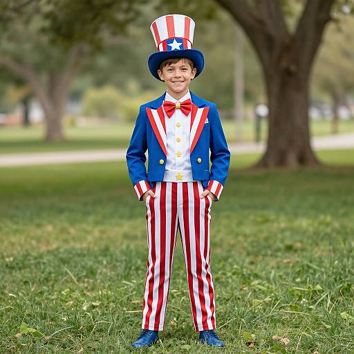Photograph of a smiling young boy in a blue jacket, red and white striped pants, red bowtie, white shirt, and tall top hat,
