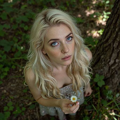 Photograph of a blonde, blue-eyed woman with wavy hair, holding a daisy, looking up, standing in a forest with green leaves and