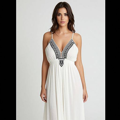 Photograph of a woman with long dark hair, wearing a white sleeveless dress with black lace detailing on the V-neck, standing against a plain white