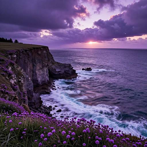 Photograph of a dramatic coastal landscape at sunset, featuring purple flowers in the foreground, rocky cliffs, crashing waves, and a vibrant, cloud-filled sky
