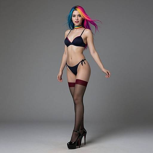 Photograph of a slender woman with multicolored hair (blue and pink) in black lingerie, red thigh-high stockings, and black high heels,