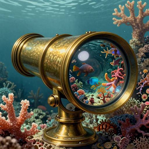 Photorealistic digital artwork of a gold submarine-style underwater telescope, revealing colorful coral reef with vibrant fish, including blue and orange fish, surrounded by pink