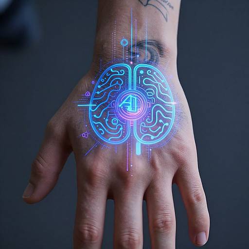 Photograph of a hand with a glowing blue, futuristic brain hologram, featuring intricate circuit patterns, against a dark background.