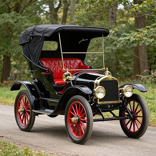 Vintage black car with red wheels, red leather interior, and black canopy driving on a forest road. Bright headlights illuminated. Photographic image.