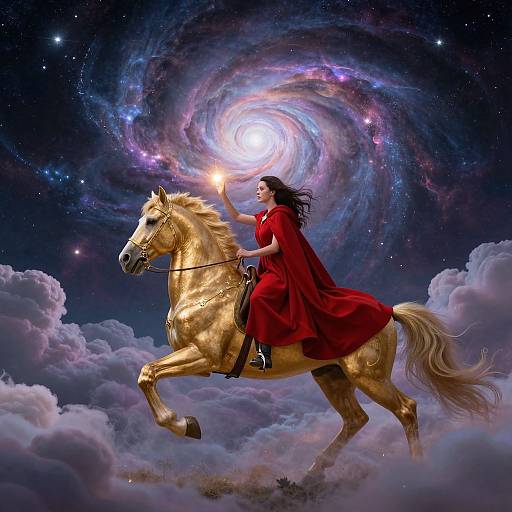 Mystical illustration: Woman in red dress rides golden horse, holding glowing orb, amidst swirling galaxy and clouds, under starry sky.