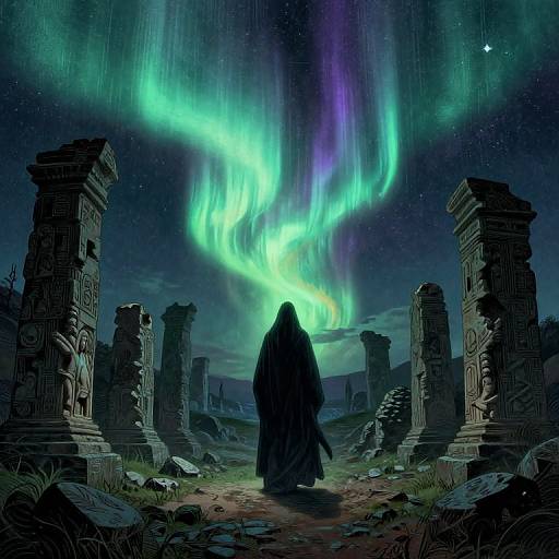 Digital artwork: Silhouetted figure in hooded cloak stands before ancient ruins, gazing at vibrant green and purple aurora borealis in star