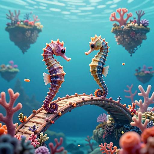 Vibrant CGI underwater scene: Two colorful seahorses on a wooden archway, surrounded by coral reefs and floating plant islands, illuminated by sunlight