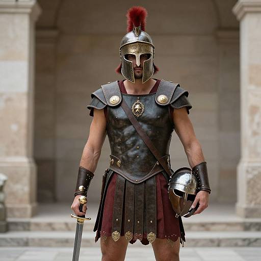 Photograph of a muscular, bearded male warrior in ancient Greek armor, including a red plume helmet, black leather tunic, and skirt,