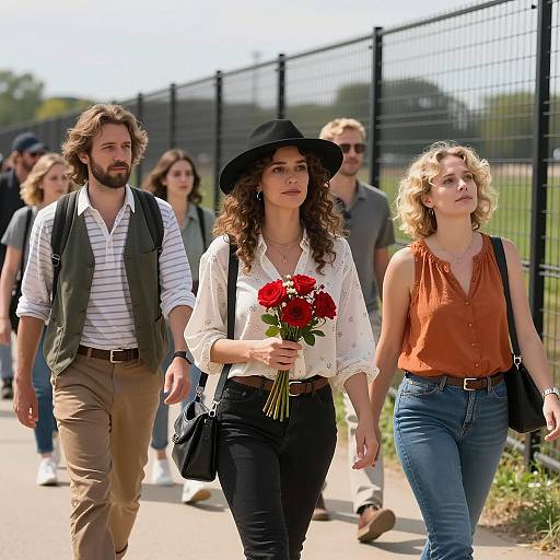 Group Walk by a Black Mesh Fence
