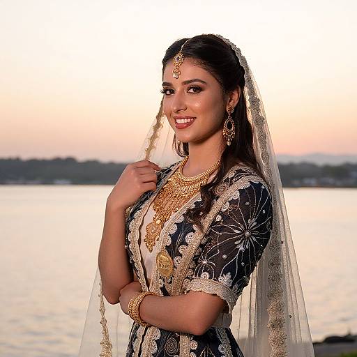 Photograph of a smiling Indian woman in traditional black and gold embroidered lehenga with veil, gold jewelry, and headpiece, standing by a sunset-l