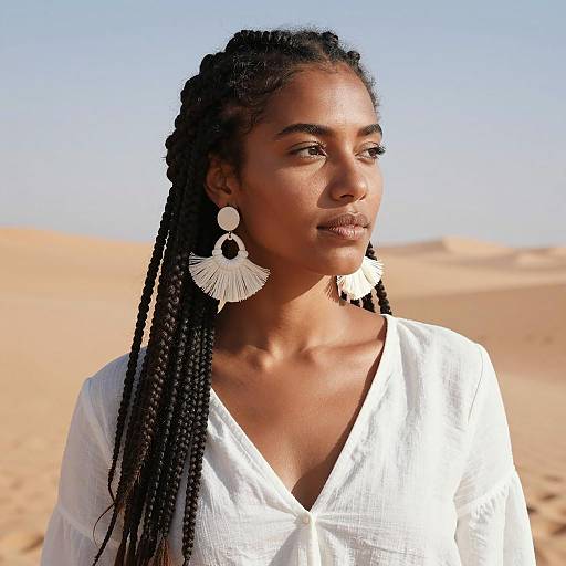 Woman in White Blouse with Braided Hair in Desert