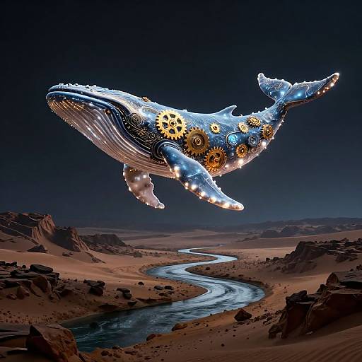 Digital artwork of a glowing, gear-adorned whale soaring over a desert landscape with a winding river under a dark sky.