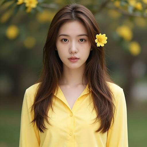 Photograph of a young Asian woman with long, dark brown hair, wearing a yellow button-up shirt, and a yellow flower in her hair, standing