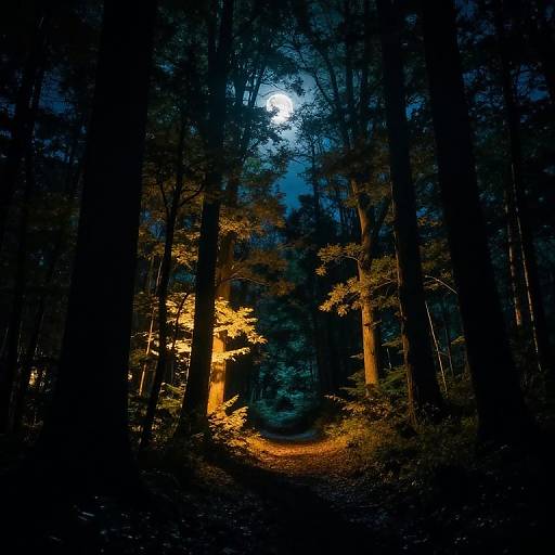 Photograph of a dark forest at night, illuminated by a bright full moon above, with yellow-lit trees on either side.