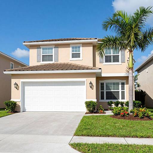 Photograph of a two-story beige suburban house with white garage doors, large windows, palm tree, and well-manicured lawn under a bright blue