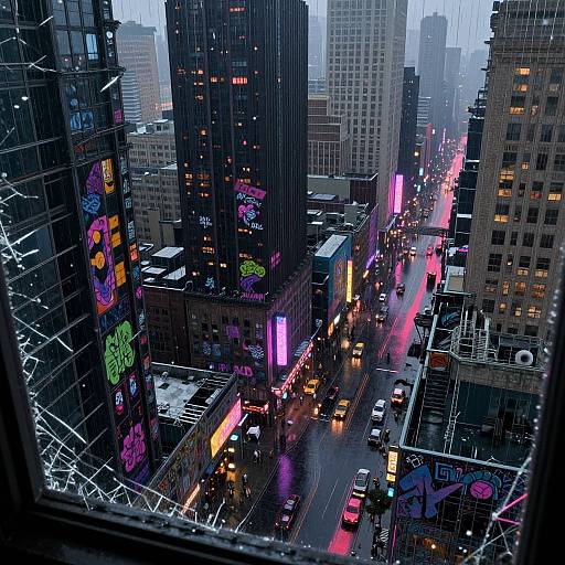 Photograph of a rainy, neon-lit urban street scene from a high window, featuring colorful graffiti on skyscrapers, bright red and pink car
