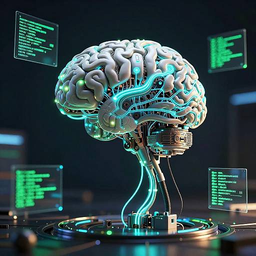 CGI illustration of a glowing, cybernetic brain with neon blue and green circuitry, surrounded by floating code screens in a dark, futuristic lab