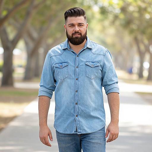 Photograph of a bearded, medium-built man with dark hair, wearing a light blue denim shirt and jeans, walking on a tree-lined path.