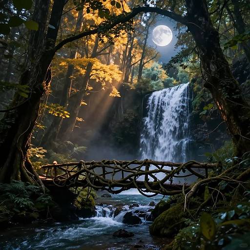 Photograph of a serene forest with a cascading waterfall, illuminated by moonlight, and a rustic, twisted wooden bridge over a flowing stream.