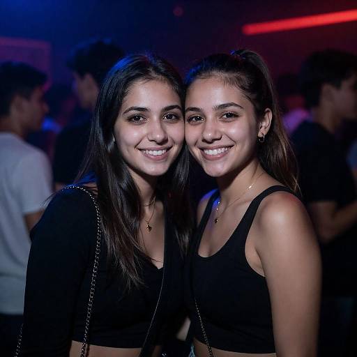 Neon Nightclub Portrait: Two Smiling Women