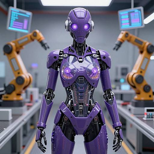 Photorealistic CGI of a purple, glowing, humanoid robot with bright purple eyes, standing in a futuristic lab with two yellow robotic arms in the background