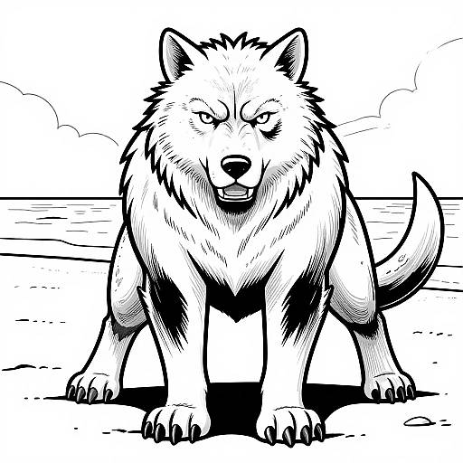Black-and-white digital drawing of a fierce, snarling wolf with detailed fur, standing on a wooden plank background, staring forward.