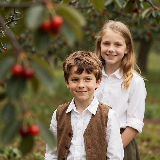 Charming Kids in Cherry-Laden Forest