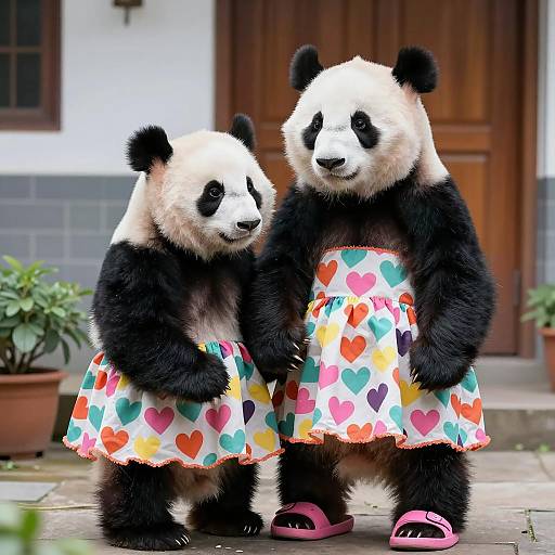Pandas in Matching Dresses Outside Building