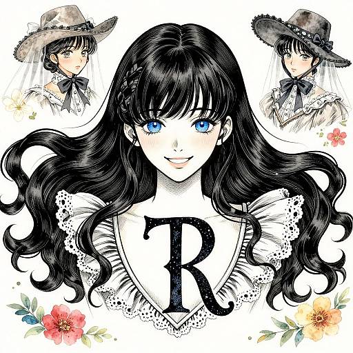 Digital anime-style illustration of a blue-eyed girl with long black hair, wearing a lace dress, surrounded by smaller sketches and colorful flowers. Large 