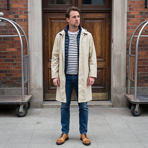 Photograph of a serious-looking man in a beige trench coat, striped shirt, and brown boots, standing between two luggage carts in front of a brick