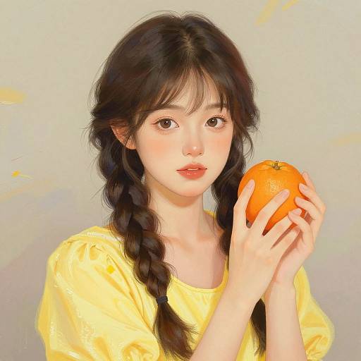 Digital painting of an Asian woman with long black hair in a braid, holding an orange, wearing a yellow shirt, against a pastel background.