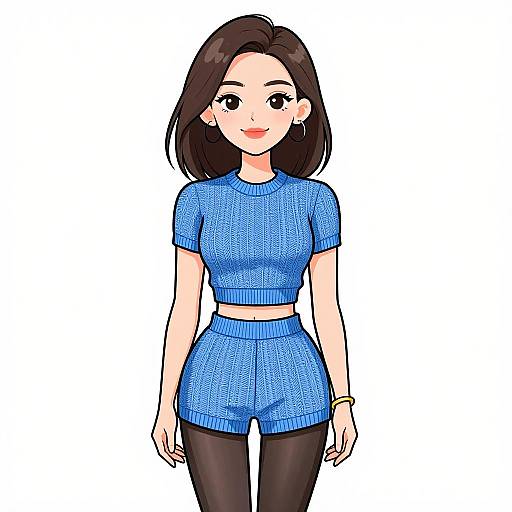 Digital anime-style drawing of a cute, smiling young woman with straight brown hair, wearing a blue crop top and matching high-waisted shorts, black