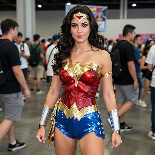 Photograph of a woman with long black hair, wearing a Wonder Woman costume (red bustier, blue shorts, gold tiara, and bracelets),