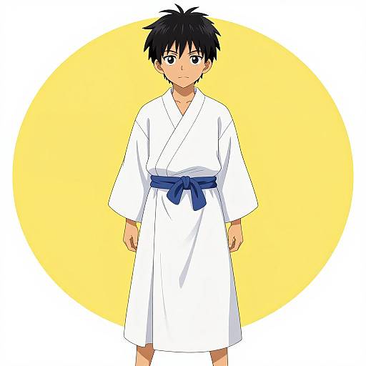 Anime-style drawing of a young boy with black hair, blue eyes, wearing a white karate gi with a blue belt, standing against a yellow circular