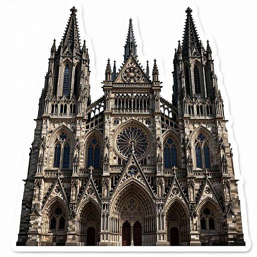 Photograph of Notre-Dame Cathedral's intricate Gothic facade with three towering spires, ornate rose window, and detailed stone carvings against a