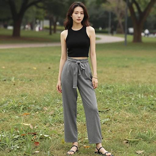 Petite Woman in Chic Park Outfit